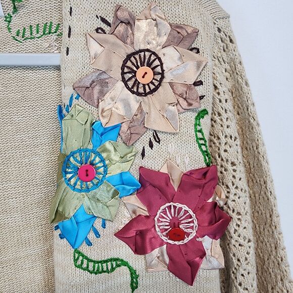 Storybook Knits Cardigan Sweater Size M Beige Crochet Fringe Granny Vintage - Picture 4 of 15